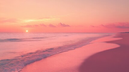 Fototapeta premium A tranquil beach at sunrise, with the sky painted in shades of pink and orange.