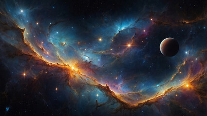 A cosmic phenomenon with stars, galaxies, and colorful swirls in a mesmerizing space landscape at night.