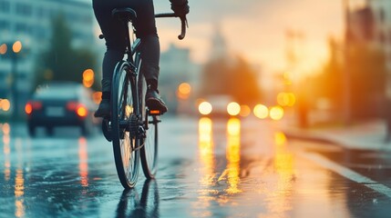 Urban cyclist navigating wet streets at sunset, vibrant light and motion blur highlight city life