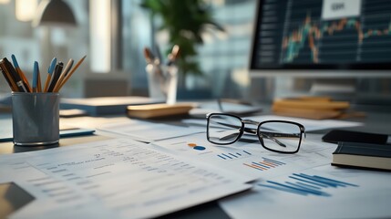 Illustrate an economist s desk filled with charts and reports analyzing the crude oil price spike selective focus macroeconomic trends theme realistic Multilayer backdrop of an aca