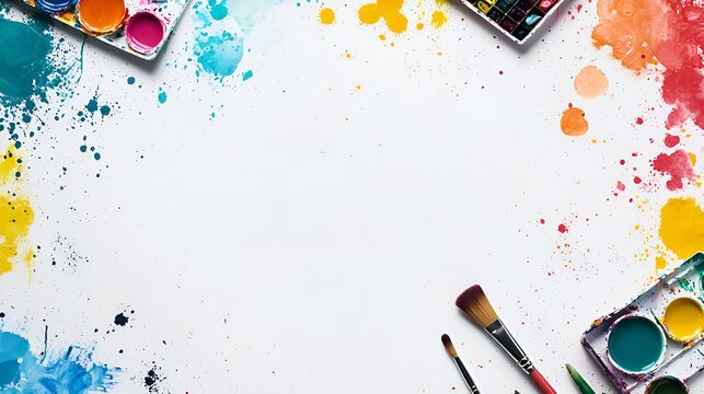 fondo de arte con elementos y herramientas artisticas como pintura acuarelas pinceles y brochas con espacio para copiar