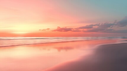 A tranquil beach at sunset, with the sky painted in shades of orange and pink.