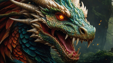 Obraz premium Majestic dragon with green and gold scales, and vibrant red wings in a mystical forest setting.
