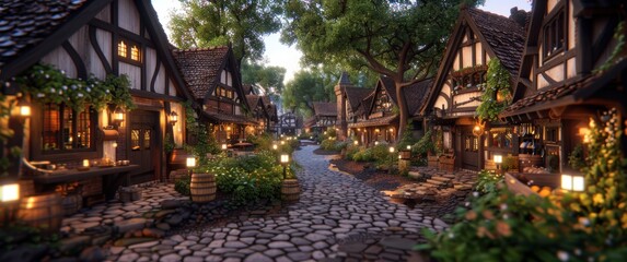 Enchanting Medieval Village Scene with Stone Cottages and Cobblestone Streets - of a Busy Marketplace