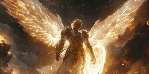 Golden angel with wings spread wide in starry sky.