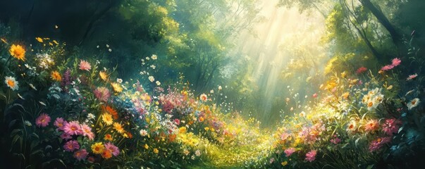 Obraz premium An enchanting high-angle view of a lush green forest filled with colorful wildflowers