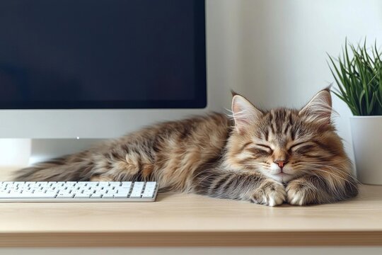 Hyber realistic photo of  Keep calm and stay home concept. Fluffy cat sleeps on desktop next to computer.  , copy space for text,