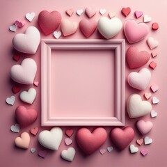Fototapeta premium Many hearts arranged around a white frame on a pink background, love background