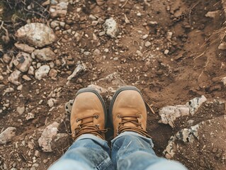 Hiking Boots on Rugged Trail with Pebbles and Dirt Outdoor Adventure Concept