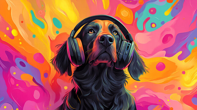 un perrro con audifonos en un fondo colorido e pintura surrealista y en colores brillantes psicodelico y divertido