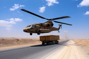 Military helicopters, transport helicopters, moving heavy equipment lift and move supplies, vehicles, and artillery to support ground troops