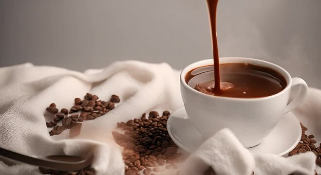 Super slow motion of warm chocolate or moca coffee in white cup for perfect morning