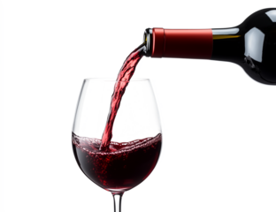 Pouring red wine from a glass bottle into an elegant stemware, rich burgundy liquid splashing, close-up backlighting, PNG format isolated on transparent background, fine beverage photography.







