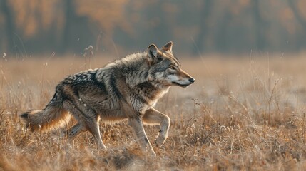 Fototapeta premium Wolf Walking Through Tall Grass in Autumn