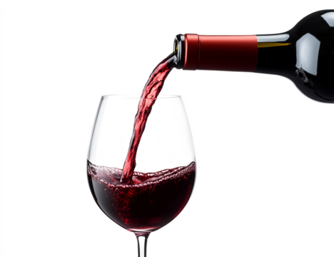 Pouring red wine from a glass bottle into an elegant stemware, rich burgundy liquid splashing, close-up backlighting, PNG format isolated on transparent background, fine beverage photography.







