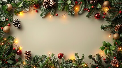 Seamless decorative christmas border with coniferous branches and garlands of christmas lights on transparent background