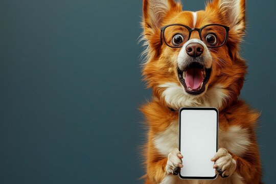 Hyber realistic photo of  Shocked haski dog in glasses holding smart phone mockup white screen over blue background. ai generative  , copy space for text,