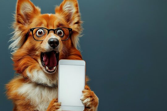 Hyber realistic photo of  Shocked haski dog in glasses holding smart phone mockup white screen over blue background. ai generative  , copy space for text,