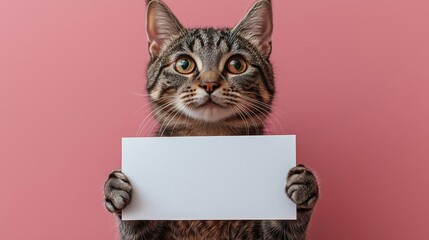 Hyber realistic photo of  Tabby cat holds a blank white sign mock-up on pink background with copy space for text, template for vet clinic, pet store or adoption messages