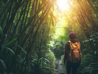 Adventurer Exploring Dense Bamboo Forest with Sunlight Filtering Through Leaves   Hiking Concept with Copy Space