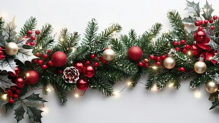 Seamless decorative christmas border with coniferous branches and garlands of christmas lights on transparent background