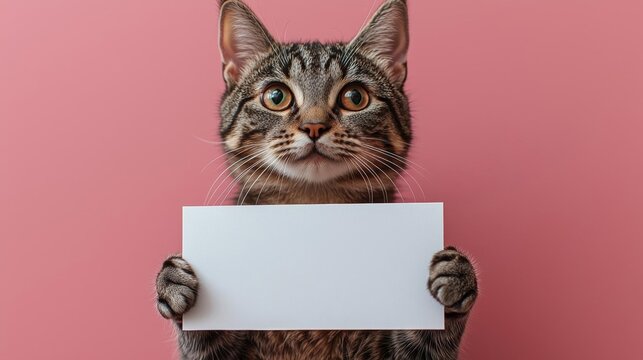 Hyber realistic photo of  Tabby cat holds a blank white sign mock-up on pink background with copy space for text, template for vet clinic, pet store or adoption messages