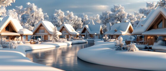Obraz premium Winter Wonderland: Snowy Village Scene with Cozy Cottages and Serene Ambiance