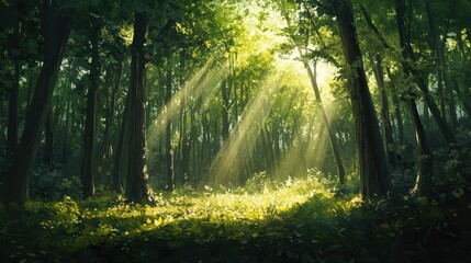 A tranquil forest with sunlight streaming through the canopy, illuminating the forest floor.