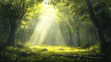 A tranquil forest with sunlight streaming through the canopy, illuminating the forest floor.