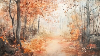 A serene autumn forest path, filled with vibrant orange foliage and soft mist, inviting peaceful exploration and reflection.
