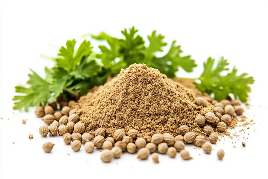 Powdered cumin with seeds on a white background