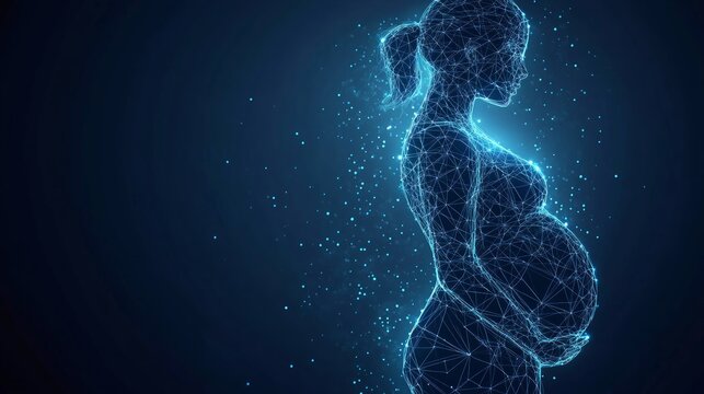 Closeup of an abstract pregnant woman with embryo in her maw side view. Isolated pregnancy medical concept on white. Vector low poly wireframe illustrations with connected dots, and triangle shapes