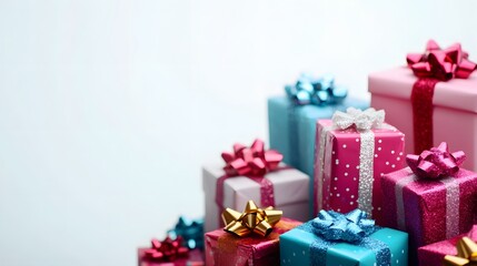 Colorful Christmas gift boxes collection, Christmas tape rope, on a white background, banner for website.