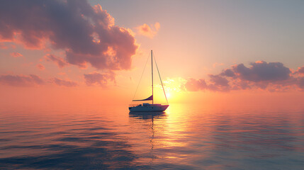Fototapeta premium un barco yate o velero navegando por el mar en el oceano en un paisaje al atardecer con el resplandor y el alba del sol viajes y recorridos deporte y vacaciones medio de transporte diversion