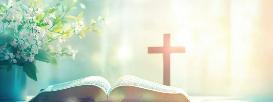 A beautiful blurred background with an open Bible and cross, symbolizing the beauty of Christian faith in light colors, suitable for creating pages or backgrounds on a holy theme Generative AI