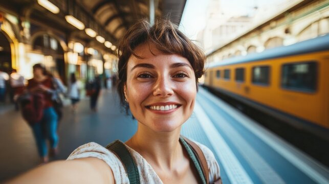 Young woman smiling on train platform capturing joy of travel