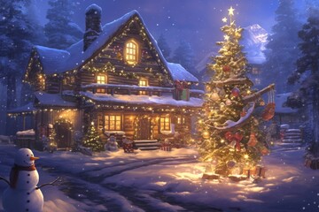 Fototapeta premium A snowy winter Christmas scene with a charming cottage lit up by glowing Christmas lights, a lush decorated tree, and a cheerful snowman in the front yard amidst the snowfall