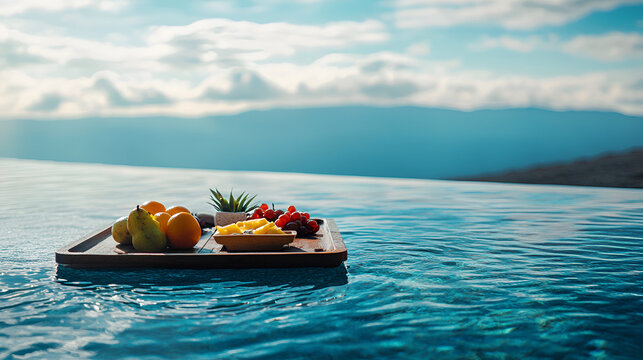 una charola de comida tropical sobre la alberca con un paisaje hermoso en la naturaleza al aire libre desayuno de lujo tranquilidad y relajacion
