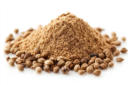 Powdered cumin with seeds on a white background