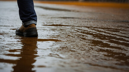 A person standing on a wet pavement reflecting the sunset, showcasing a sense of peace and solitude.