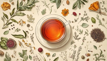 Engraving Style Herbs Ingredients Background In Top View Perspective: 3d Illustration Of Herbal Tea. Herbal Tea Ingredients In Detailed Engraving Style.