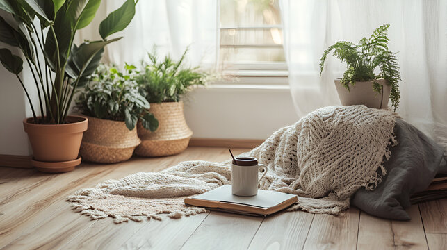habitacion o cuarto decorado elegante y moderno con macetas con plantas decorativas con una manta para sentarse a leer y tomar cafe para relajare y descansar