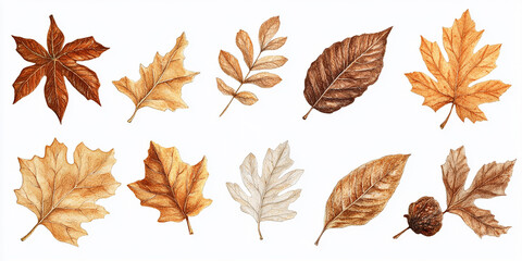 Fototapeta premium Set of brown and beige autumn leaves isolated on a white background