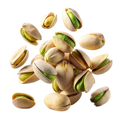 Fresh pistachios in shells, captured mid-air against a white background, showcasing natural nutrition and crunch.