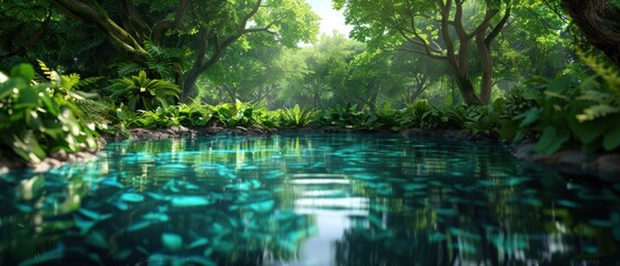 Obraz premium Tranquil Oasis - High- of Serene Lake with Crystal-Clear Water and Lush Surrounding Trees Creating a Peaceful Ambiance