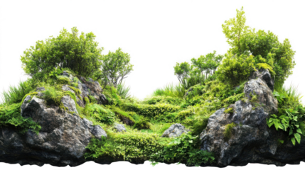 lush green moss and plants on rocky surface isolated png transparent background