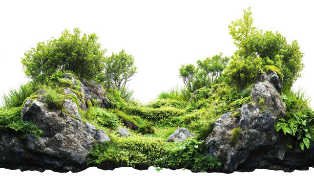lush green moss and plants on rocky surface isolated png transparent background