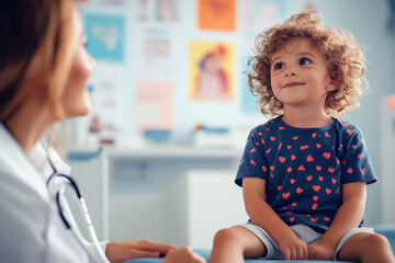 Obraz premium A young boy with curly hair sits on an examination table, looking up at a doctor. The doctor smiles at the boy, creating a warm and trusting atmosphere.
