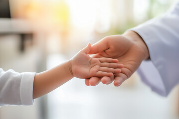 Close-up of a doctor holding a child's hand, symbolizing care, trust and support.