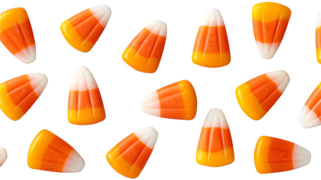 A close-up shot of candy corn arranged in a scattered pattern Transparent Background.